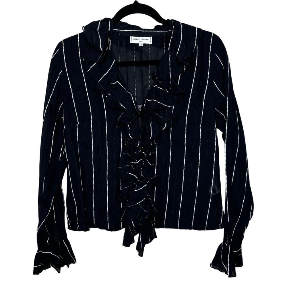 VTG Anne Fontaine Black White Striped Ruffle Cotton Blend Button Up Sz 3 Medium